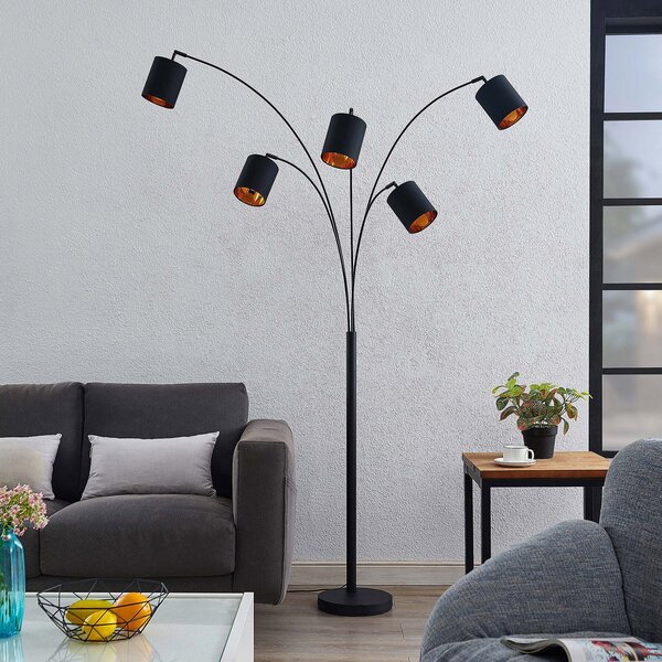 Lindby φωτιστικό δαπέδου Abiram, μαύρο/χρυσό, ύφασμα, 70cm, Μαύρο, Σαλόνι / τραπεζαρία, Μέταλλο, σύγχρονο, Μόνιμη αψίδα