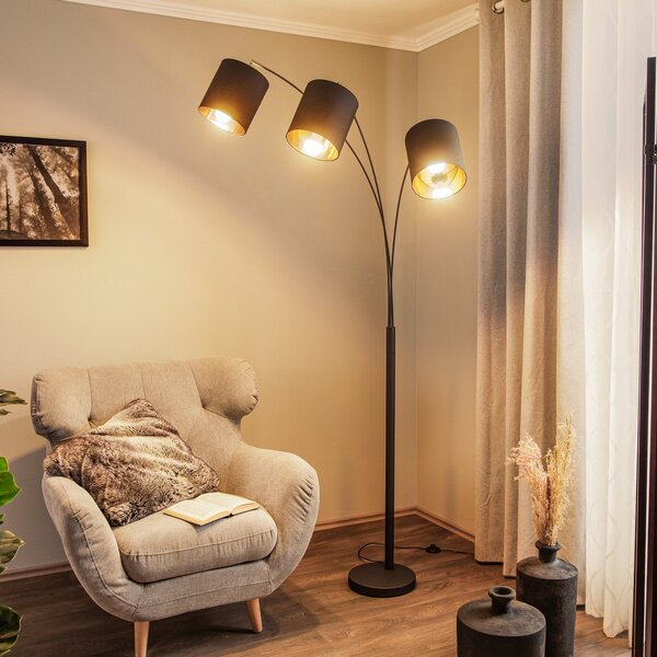 Lindby Φωτιστικό δαπέδου Nanika, μαύρο/χρυσό, 202 cm, E27, 3-φωτισμός., Μαύρο, Σαλόνι / τραπεζαρία, Μέταλλο, σύγχρονο, Μόνιμη αψίδα