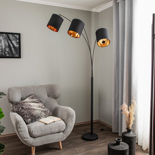Lindby Φωτιστικό δαπέδου Nanika, μαύρο/χρυσό, 202 cm, E27, 3-φωτισμός., Μαύρο, Σαλόνι / τραπεζαρία, Μέταλλο, σύγχρονο, Μόνιμη αψίδα