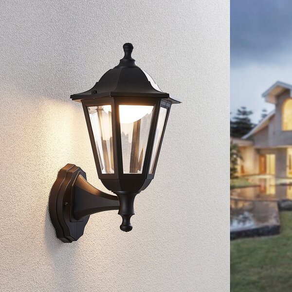 Lindby LED φωτιστικό τοίχου εξωτερικού χώρου Iavo, μαύρο, φανάρι, 38 cm, Μαύρο, Πλαστικό, Αντίκα, Πρίζα τοίχου κάτω