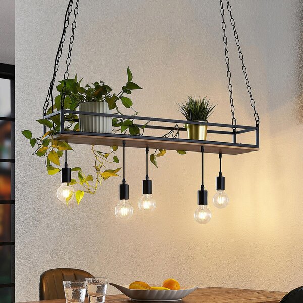 Lindby Κρεμαστή λάμπα Kirista, 5 φώτα, μαύρο/ξύλο, 100 cm, E27, ρυθμιζόμενος, Μαύρο, Σαλόνι / τραπεζαρία, Μέταλλο, Vintage