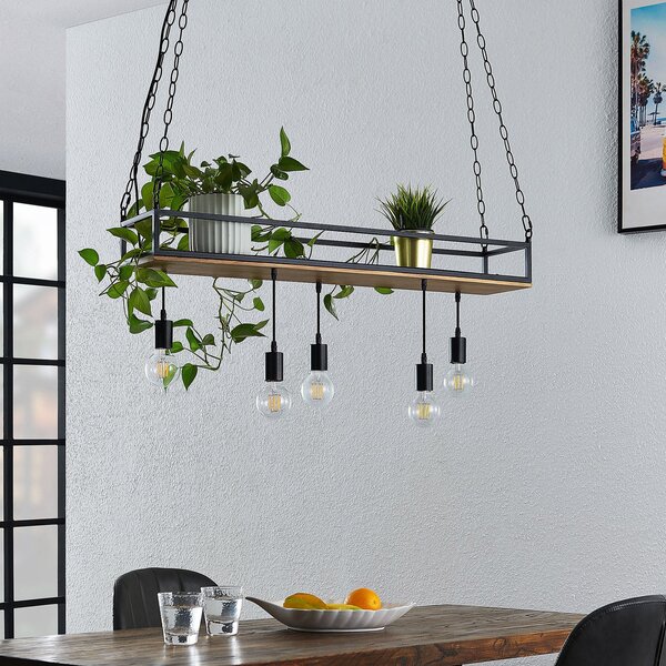 Lindby Κρεμαστή λάμπα Kirista, 5 φώτα, μαύρο/ξύλο, 100 cm, E27, ρυθμιζόμενος, Μαύρο, Σαλόνι / τραπεζαρία, Μέταλλο, Vintage