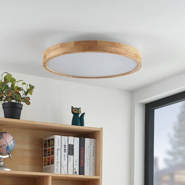 Lindby LED οροφής Lanira, Ø 60 cm, ξύλο, τηλεχειριστήριο, CCT, ρυθμιζόμενος, Ξύλου, Σαλόνι / τραπεζαρία, Ξύλο, σύγχρονο