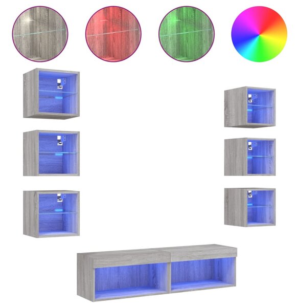 VidaXL Έπιπλα Τοίχου Τηλεόρασης 8 τεμ. LED Γκρι Sonoma από Επεξ. Ξύλο