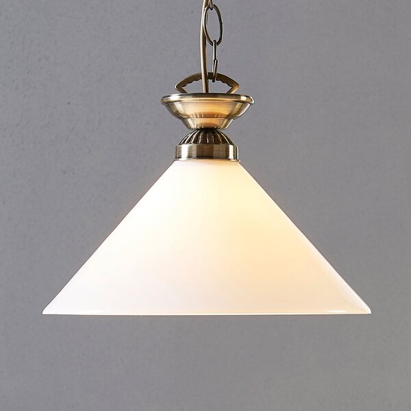 Lindby Otis κρεμαστό φωτιστικό, Ø 30 cm, λευκό, γυαλί, κώνος, E27, ρυθμιζόμενος, Μπρούτζινο / Αντικέ ορείχαλκου, Κουζίνα, Γυαλί, Αντίκα