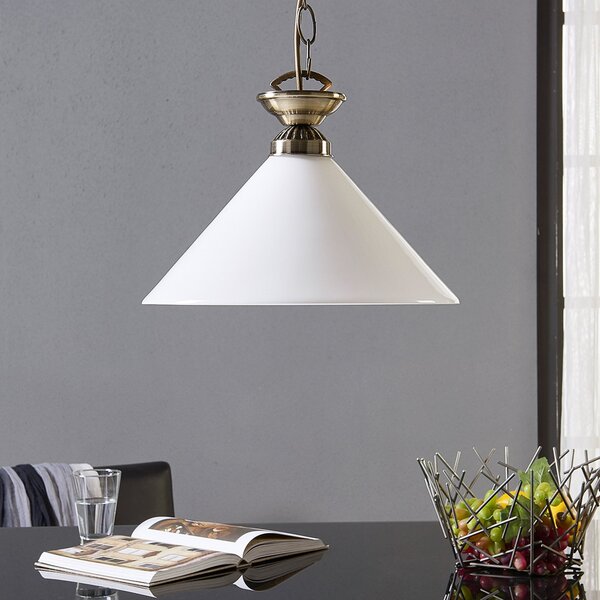 Lindby Otis κρεμαστό φωτιστικό, Ø 30 cm, λευκό, γυαλί, κώνος, E27, ρυθμιζόμενος, Μπρούτζινο / Αντικέ ορείχαλκου, Κουζίνα, Γυαλί, Αντίκα