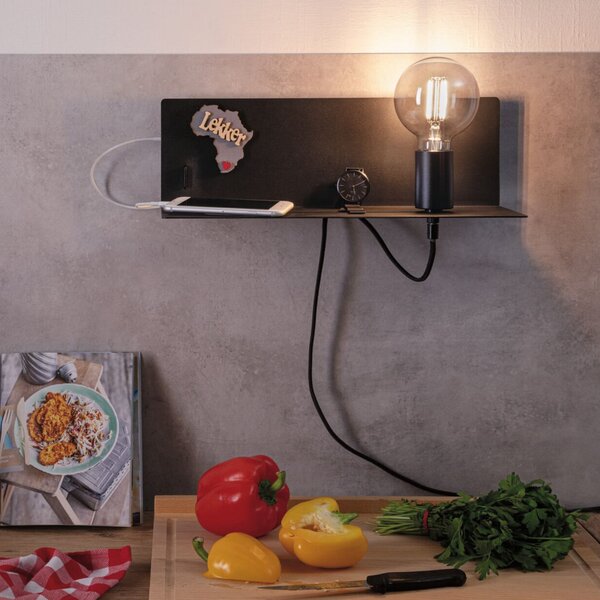 Paulmann Φωτιστικό τοίχου Devara, μαύρο 40 cm E27 Θύρα USB, ρυθμιζόμενος, Μαύρο, υπνοδωμάτιο, Μέταλλο, σύγχρονο