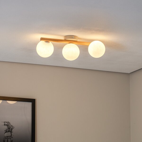 TK Lighting Φωτιστικό οροφής Estera, γυαλί οπαλ, ξύλο, τρεις φλόγες, ρυθμιζόμενος, Ξύλου, Σαλόνι / τραπεζαρία, Γυαλί, Σφαίρα