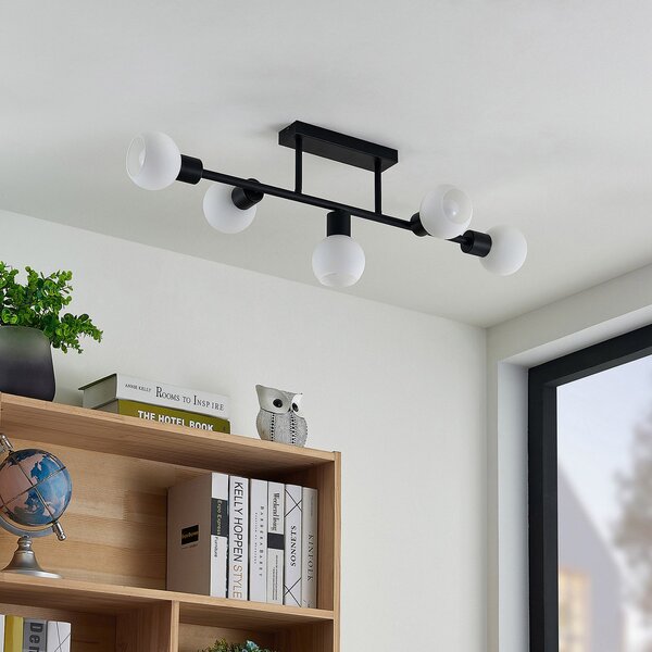 Lindby Φωτιστικό οροφής Biscala, 5flg., μαύρο/οπάλ, ρυθμιζόμενος, Μαύρο, Σαλόνι / τραπεζαρία, Μέταλλο, σύγχρονο