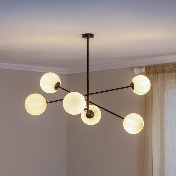 EMIBIG LIGHTING Φωτιστικό οροφής Linear, μαύρο/οπαλίνα, έξι φλόγες, ρυθμιζόμενος, Μαύρο, Σαλόνι / τραπεζαρία, Μέταλλο, σύγχρονο, Σφαίρα
