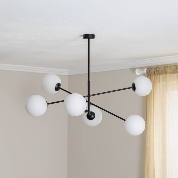 EMIBIG LIGHTING Φωτιστικό οροφής Linear, μαύρο/οπαλίνα, έξι φλόγες, ρυθμιζόμενος, Μαύρο, Σαλόνι / τραπεζαρία, Μέταλλο, σύγχρονο, Σφαίρα