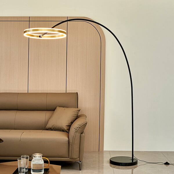 Lucande Φωτιστικό τόξου LED Yekta, ορειχάλκινο, 183 cm, με δυνατότητα ρύθμισης, ρυθμιζόμενος, Μαύρο, Σαλόνι / τραπεζαρία, Μέταλλο, σχεδιασμός