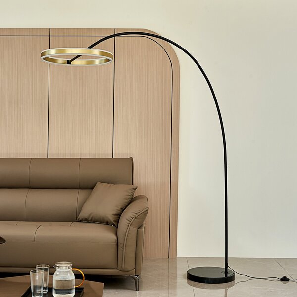 Lucande Φωτιστικό τόξου LED Yekta, ορειχάλκινο, 183 cm, με δυνατότητα ρύθμισης, ρυθμιζόμενος, Μαύρο, Σαλόνι / τραπεζαρία, Μέταλλο, σχεδιασμός