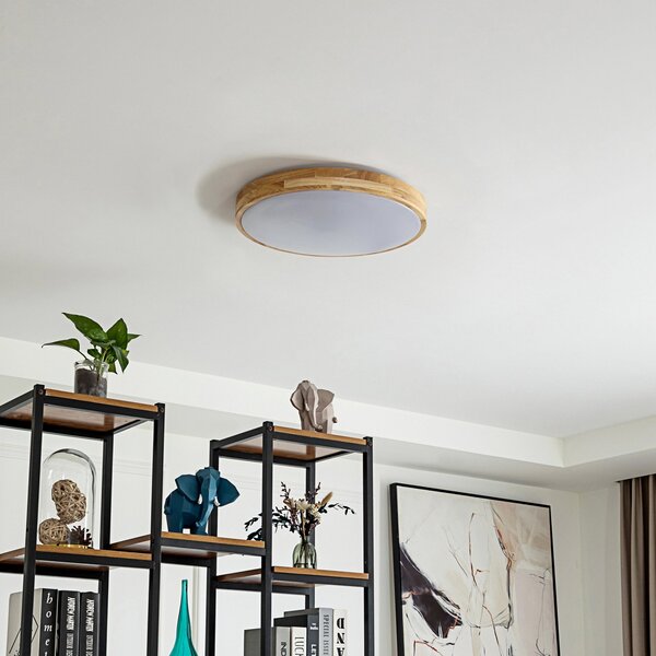 Lindby Smart LED φωτιστικό οροφής Innes wood Ø39cm RGB CCT Tuya, ρυθμιζόμενος, Ξύλου, Σαλόνι / τραπεζαρία, Ξύλο, σύγχρονο