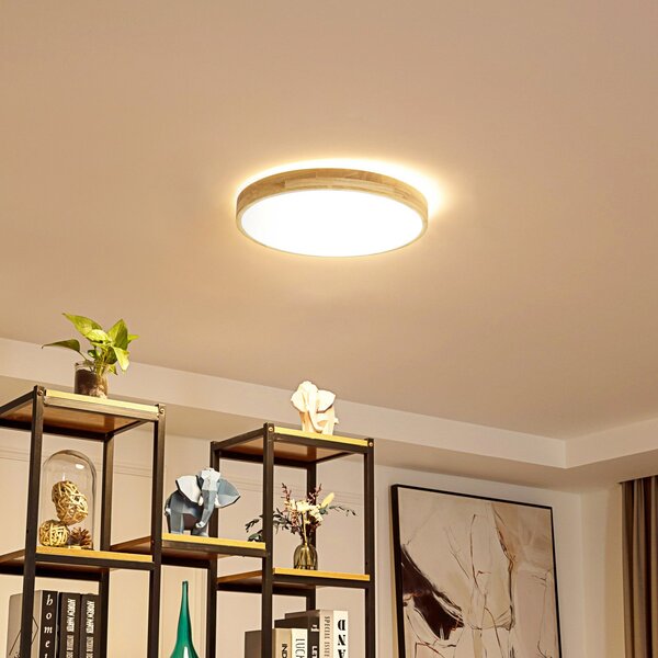 Lindby Smart LED φωτιστικό οροφής Innes wood Ø39cm RGB CCT Tuya, ρυθμιζόμενος, Ξύλου, Σαλόνι / τραπεζαρία, Ξύλο, σύγχρονο