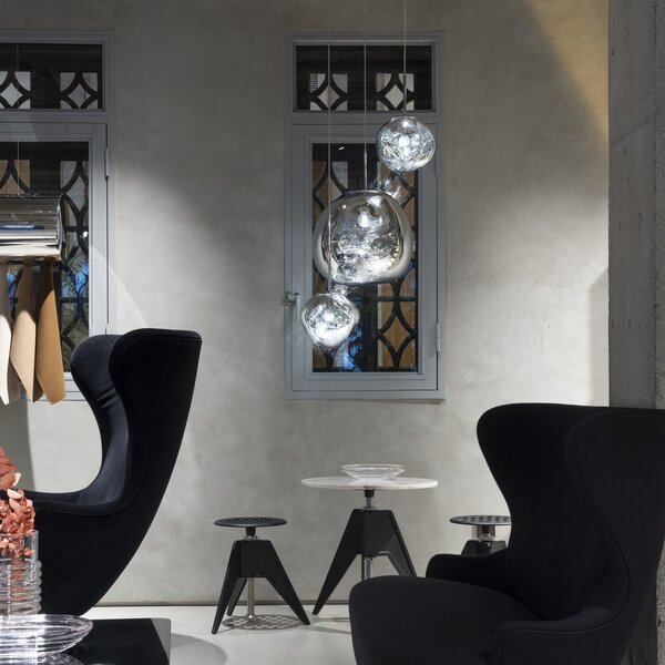 Tom Dixon LED κρεμαστή λάμπα Melt Mini, Ø 28 cm, χρώμα χρώμιο, ρυθμιζόμενος, Μεταλλικό, Σαλόνι / τραπεζαρία, Πλαστικό, σχεδιασμός