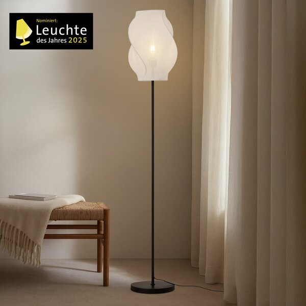Lucande Φωτιστικό δαπέδου Tovina, ύφασμα, λευκό, ύψος 165 cm, Λευκό, Σαλόνι / τραπεζαρία, Ύφασμα / Κλωστοϋφαντουργία, Σκανδιναβικό