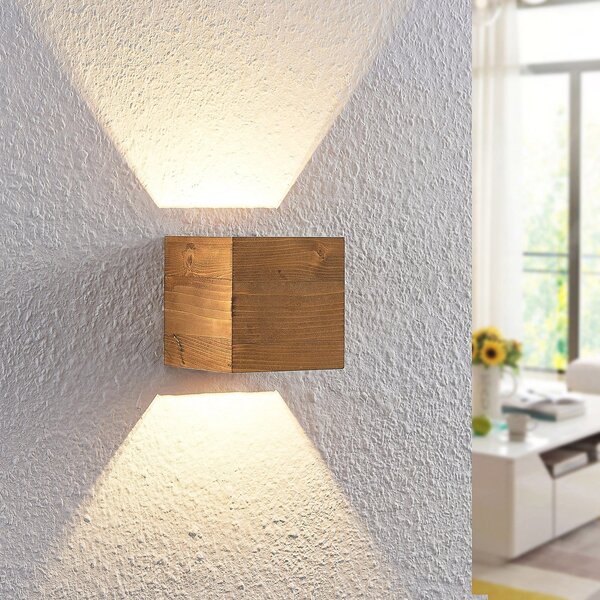 Lindby LED φωτιστικό τοίχου Benicio, 11 cm, γωνιακό, ξύλο, Ξύλου, Σαλόνι / τραπεζαρία, Ξύλο, Σκανδιναβικό