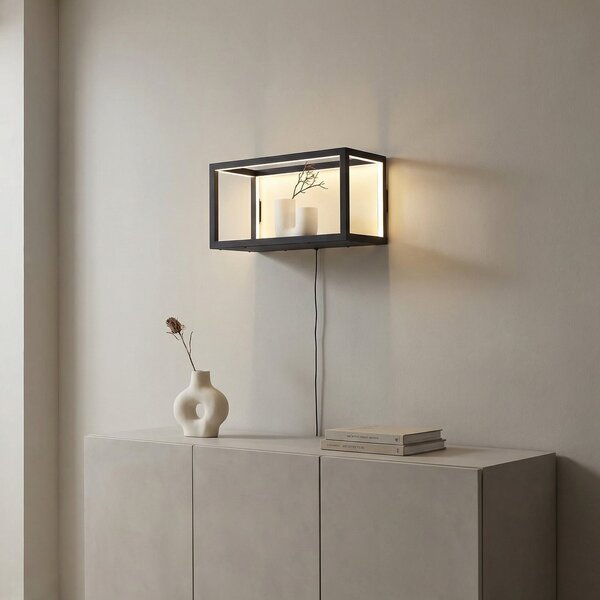 Lindby LED απλίκα Birta, βύσμα, ράφι, 51 cm, USB, ρυθμιζόμενος, Μαύρο, Σαλόνι / τραπεζαρία, Μέταλλο, σύγχρονο