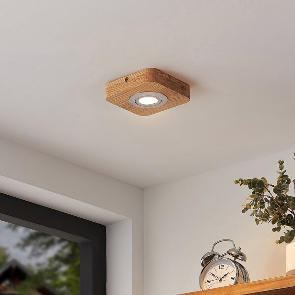 Lindby LED φωτιστικό οροφής Mikari, 14 cm, ξύλο, περιστρεφόμενο, Ξύλου, Σαλόνι / τραπεζαρία, Ξύλο, σύγχρονο