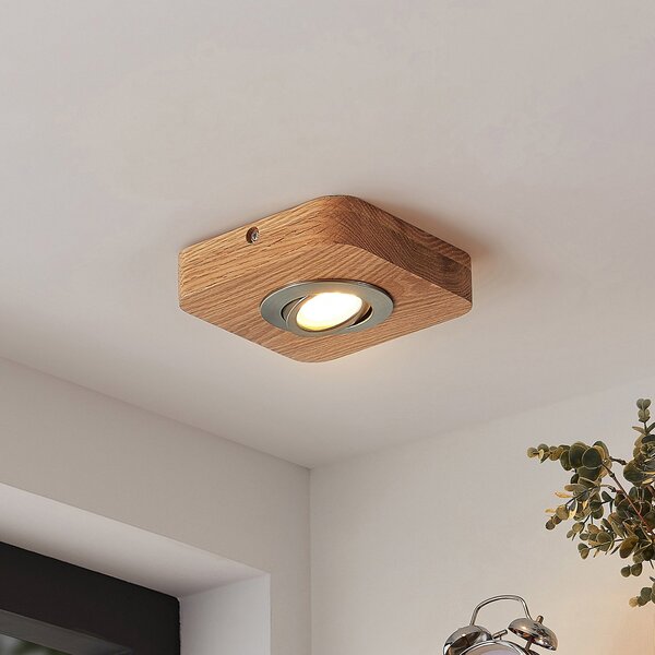 Lindby LED φωτιστικό οροφής Mikari, 14 cm, ξύλο, περιστρεφόμενο, Ξύλου, Σαλόνι / τραπεζαρία, Ξύλο, σύγχρονο