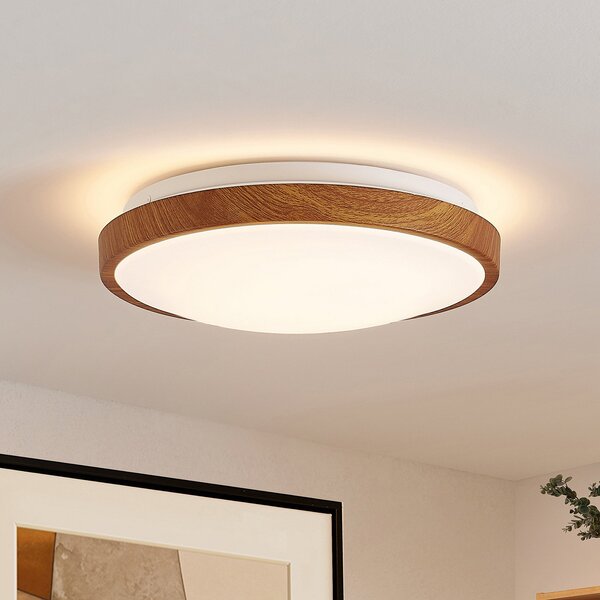 Lindby LED φωτιστικό οροφής Mynte, Ø30cm, εμφάνιση ξύλου, πλαστικό, Ξύλου, Σαλόνι / τραπεζαρία, Πλαστικό, σύγχρονο