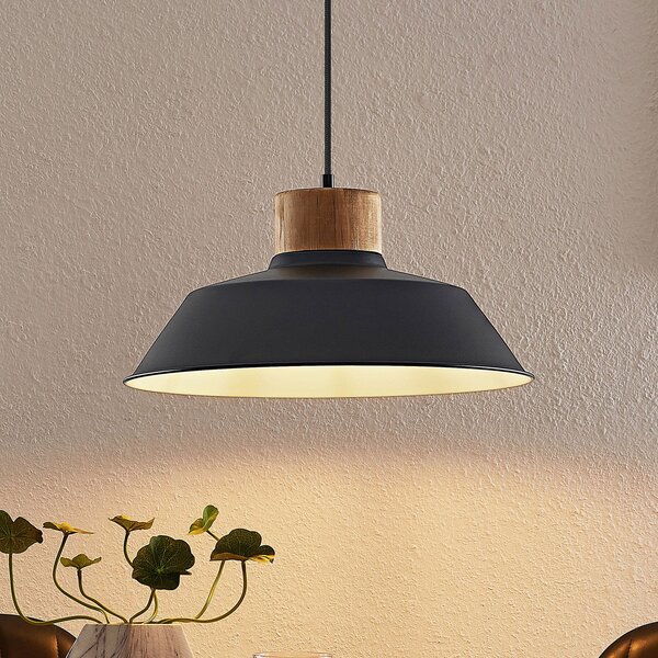 Lindby κρεμαστό φωτιστικό Nefeli, Ø 42 cm, μαύρο, ξύλο, μέταλλο, ρυθμιζόμενος, Μαύρο, Σαλόνι / τραπεζαρία, Μέταλλο, Vintage