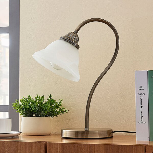 Lindby Επιτραπέζιο φωτιστικό Mialina, 42 cm, λευκό, γυαλί, μέταλλο, Μπρούτζινο / Αντικέ ορείχαλκου, Σαλόνι / τραπεζαρία, Γυαλί