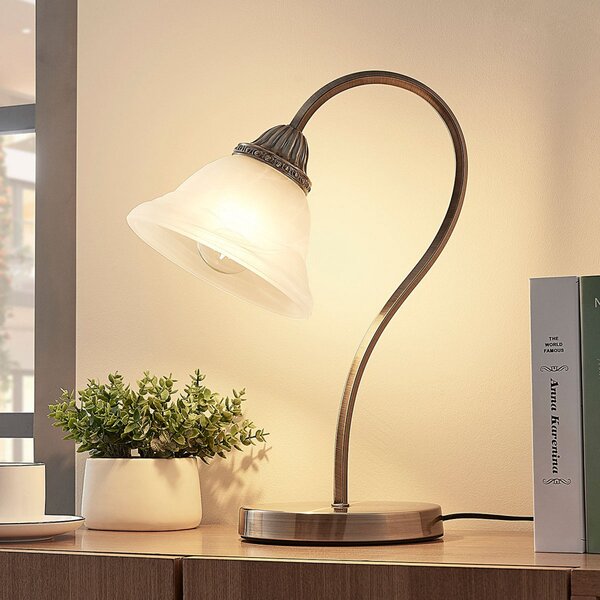Lindby Επιτραπέζιο φωτιστικό Mialina, 42 cm, λευκό, γυαλί, μέταλλο, Μπρούτζινο / Αντικέ ορείχαλκου, Σαλόνι / τραπεζαρία, Γυαλί