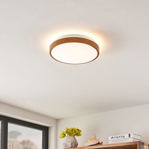 Lindby LED φωτιστικό οροφής Mendosa, στρογγυλό, ανοιχτόχρωμο ξύλο, Ø 29cm, Ξύλου, Σαλόνι / τραπεζαρία, Πλαστικό, σύγχρονο