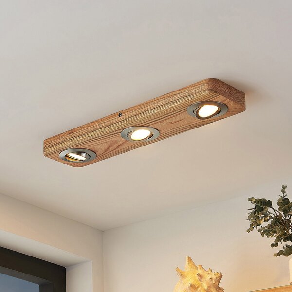 Lindby LED φωτιστικό οροφής Mikari, 48 cm, ξύλο, περιστρεφόμενο, Ξύλου, Σαλόνι / τραπεζαρία, Ξύλο, σύγχρονο
