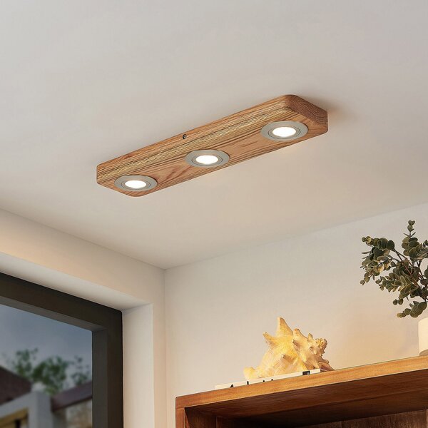 Lindby LED φωτιστικό οροφής Mikari, 48 cm, ξύλο, περιστρεφόμενο, Ξύλου, Σαλόνι / τραπεζαρία, Ξύλο, σύγχρονο