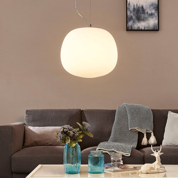 Lindby κρεμαστό φωτιστικό Ginevra, Ø 38 cm, λευκό, γυαλί, E27, ρυθμιζόμενος, Λευκό, Κουζίνα, Γυαλί, σύγχρονο