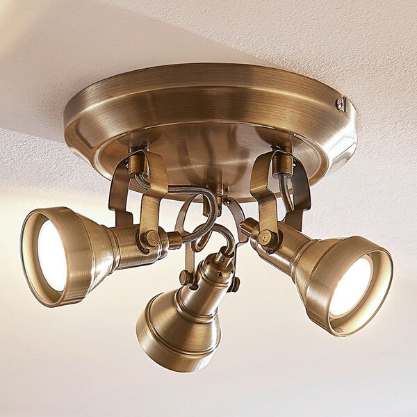 Lindby Φωτιστικό οροφής Perseas, Ø 22cm, 3-φωτιστικό, ορείχαλκος αντίκα, GU10, ρυθμιζόμενος, Μπρούτζινο / Αντικέ ορείχαλκου, Σαλόνι / τραπεζαρία, Μέταλλο, Αντίκα