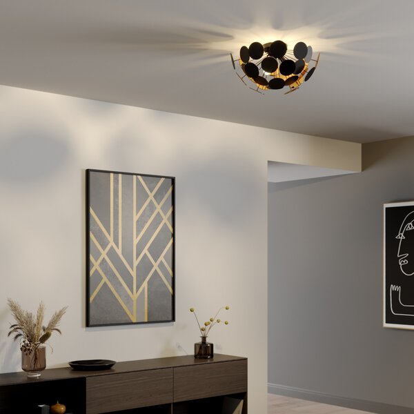 Lindby Φωτιστικό οροφής Kinan, Ø 54 cm, μαύρο, χρυσό, E14, ρυθμιζόμενος, Μαύρο, Σαλόνι / τραπεζαρία, Πλαστικό, σύγχρονο
