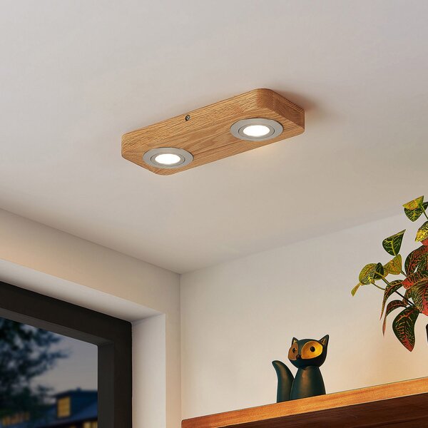 Lindby LED φωτιστικό οροφής Mikari, 30 cm, ξύλο, περιστρεφόμενο, Ξύλου, Σαλόνι / τραπεζαρία, Ξύλο, σύγχρονο