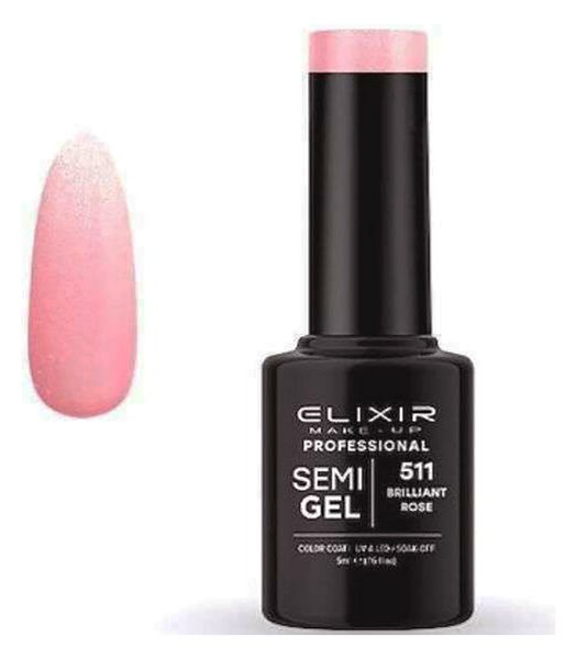 Ημιμόνιμο Βερνίκι Νυχιών Semi Gel 511 Brilliant Rose Με Glitter 5ml Elixir