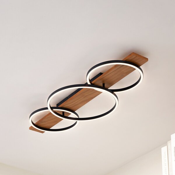 Lindby LED φωτιστικό οροφής Galad, μαύρο, ξύλο, 3-φωτιστικό, 98 cm, ρυθμιζόμενος, Ξύλου, Σαλόνι / τραπεζαρία, Ξύλο, σύγχρονο, Οροφή στρογγυλή άμεση