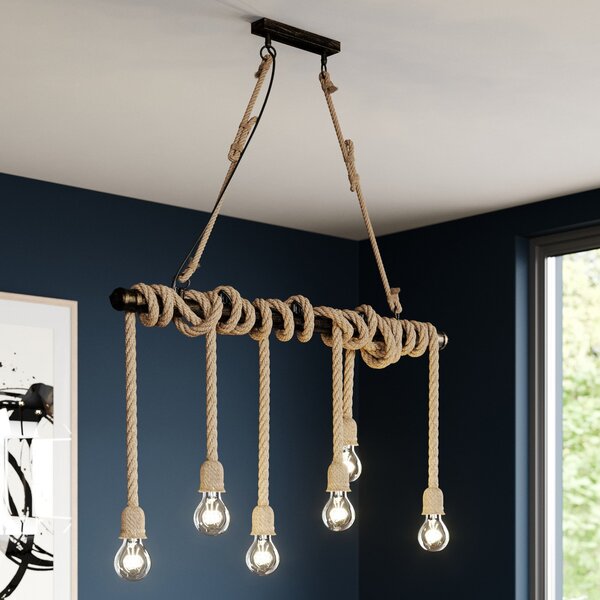 Lindby κρεμαστό φωτιστικό Hajo, 100 cm, έξι φώτων, σχοινί, ρυθμιζόμενος, Μπεζ, Σαλόνι / τραπεζαρία, Μέταλλο, Vintage