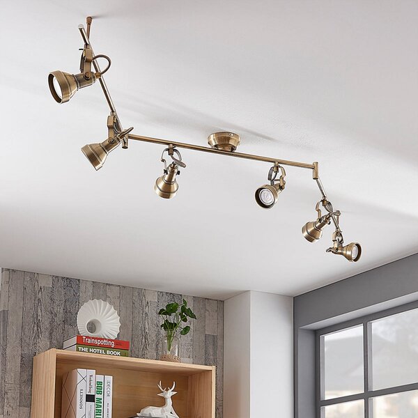 Lindby Φωτιστικό οροφής Perseas, 180 cm, 6-φωτο, ορείχαλκος αντίκα, GU10, ρυθμιζόμενος, Μπρούτζινο / Αντικέ ορείχαλκου, Σαλόνι / τραπεζαρία, Μέταλλο, Αντίκα