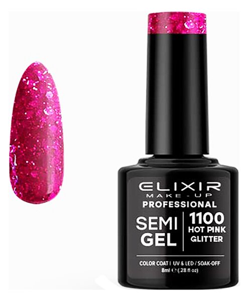 Ημιμόνιμο Βερνίκι Semi Gel 1100 Hot Pink Glitter 8ml Elixir