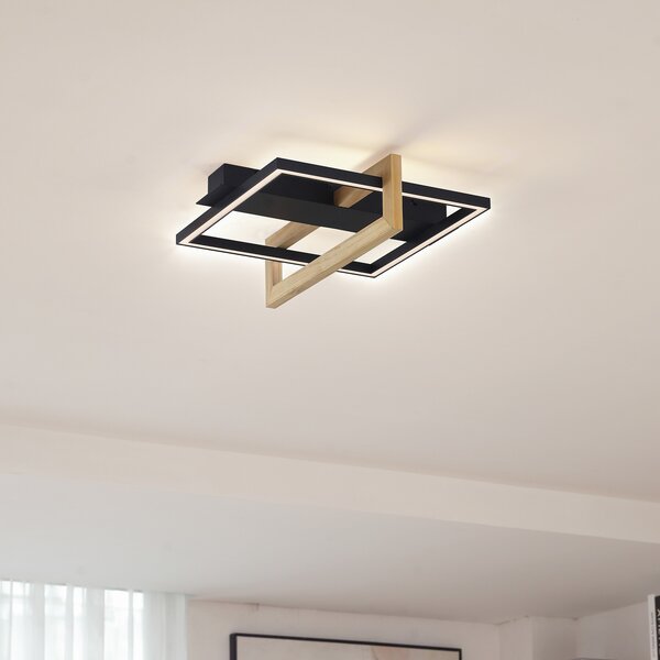 Lindby LED φωτιστικό οροφής Holamu, 46cm, μαύρο, ξύλο, μέταλλο, Μαύρο, Σαλόνι / τραπεζαρία, Αλουμίνιο, σύγχρονο