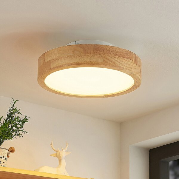 Lindby LED φωτιστικό οροφής Lanira, Ø 30 cm, ξύλο, τηλεχειριστήριο, CCT, ρυθμιζόμενος, Ξύλου, Σαλόνι / τραπεζαρία, Ξύλο, σύγχρονο