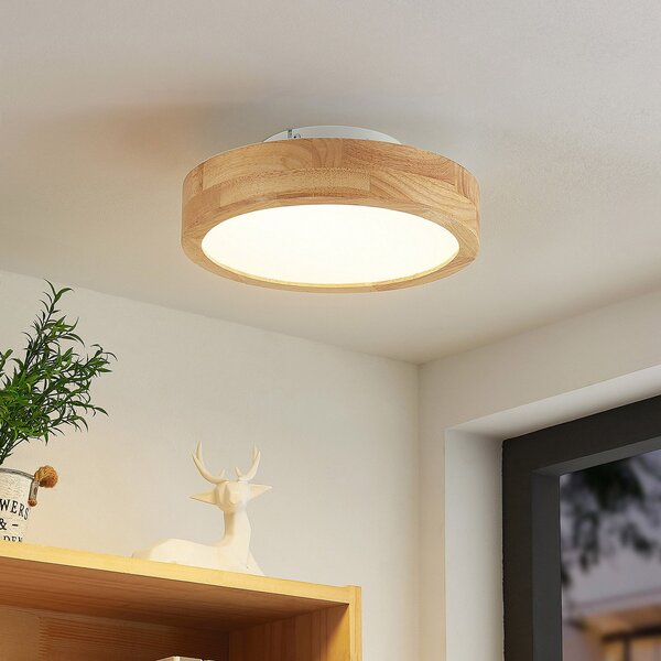 Lindby LED φωτιστικό οροφής Lanira, Ø 30 cm, ξύλο, τηλεχειριστήριο, CCT, ρυθμιζόμενος, Ξύλου, Σαλόνι / τραπεζαρία, Ξύλο, σύγχρονο
