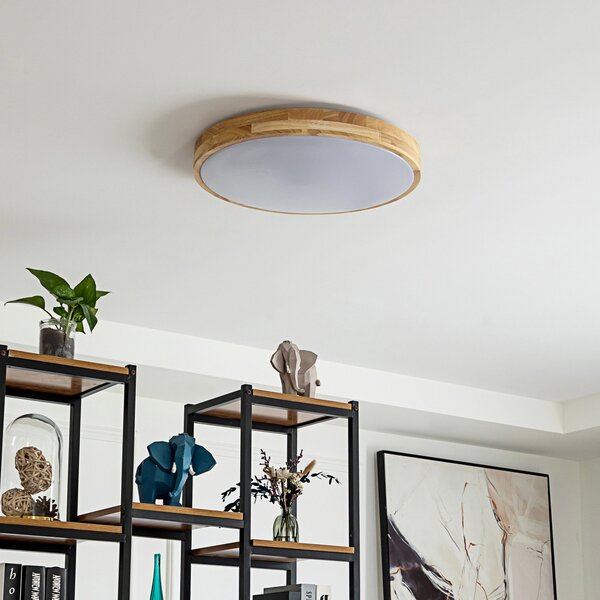 Lindby Smart LED φωτιστικό οροφής Innes wood Ø51cm RGB CCT Tuya, ρυθμιζόμενος, Ξύλου, Σαλόνι / τραπεζαρία, Ξύλο, σύγχρονο