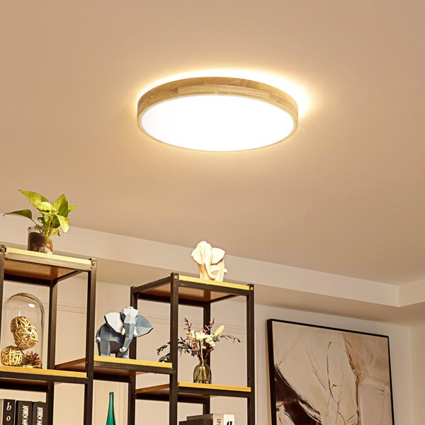 Lindby Smart LED φωτιστικό οροφής Innes wood Ø51cm RGB CCT Tuya, ρυθμιζόμενος, Ξύλου, Σαλόνι / τραπεζαρία, Ξύλο, σύγχρονο