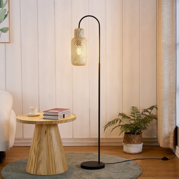 Lindby Φωτιστικό δαπέδου Venora, ύψος 145 cm, μπαμπού, E27, Μαύρο, Σαλόνι / τραπεζαρία, Μέταλλο