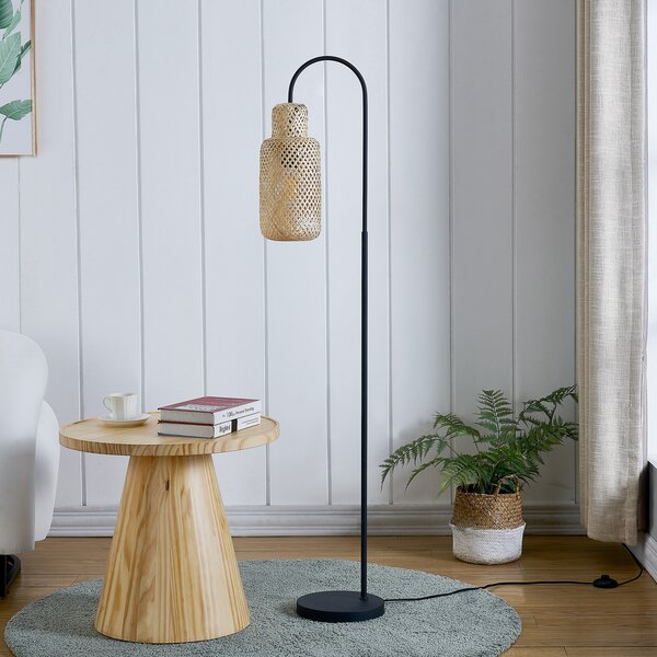 Lindby Φωτιστικό δαπέδου Venora, ύψος 145 cm, μπαμπού, E27, Μαύρο, Σαλόνι / τραπεζαρία, Μέταλλο