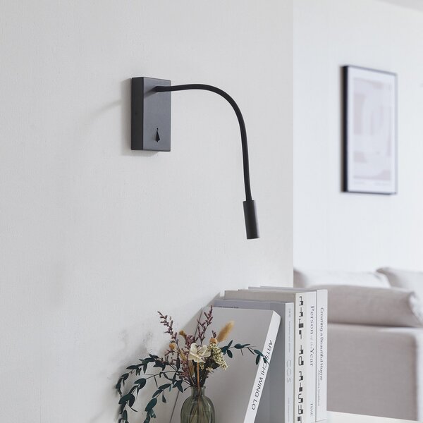 Lucande Φωτιστικό ανάγνωσης LED Hetti, μαύρο, μεταλλικό, ύψος 14 cm, Μαύρο, υπνοδωμάτιο, Μέταλλο