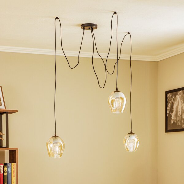 EMIBIG LIGHTING Κρεμαστή λάμπα Starla, γυαλί κεχριμπαρένιο, 3 φλόγες, αποκεντρωμένη, ρυθμιζόμενος, Μαύρο, Σαλόνι / τραπεζαρία, Μέταλλο, σύγχρονο